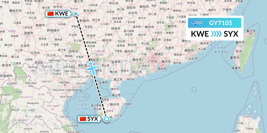 GY7105 Colorful GuiZhou Airlines Flight Map: Guiyang to Sanya