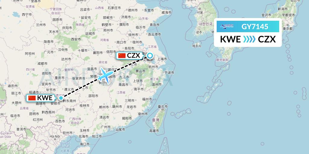 GY7145 Colorful GuiZhou Airlines Flight Map: Guiyang to Changzhou