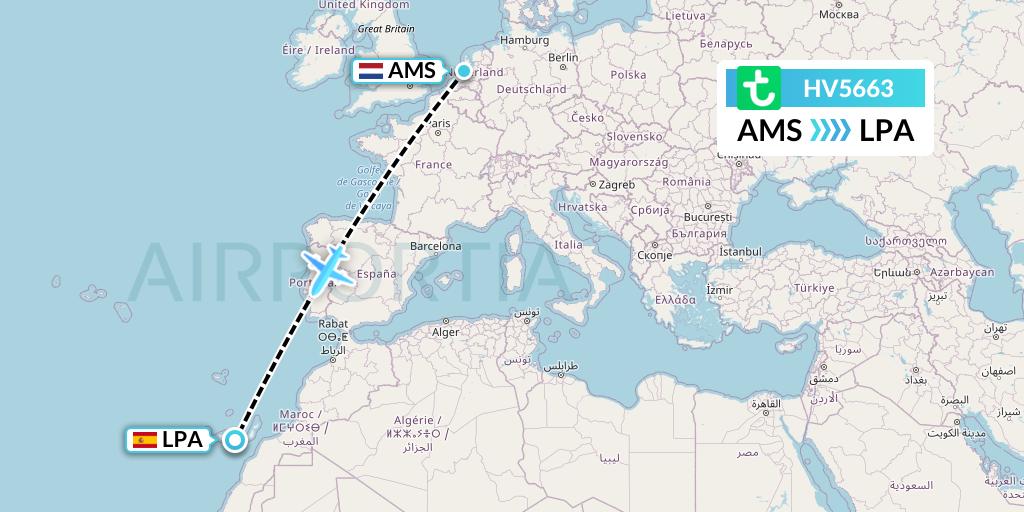 HV5663 Transavia Flight Map: Amsterdam to Las Palmas