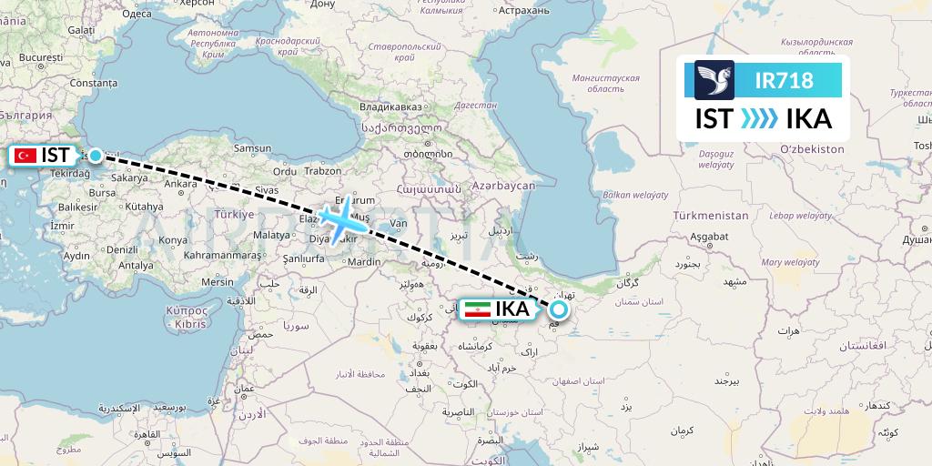 IR718 Iran Air Flight Map: Istanbul to Tehran
