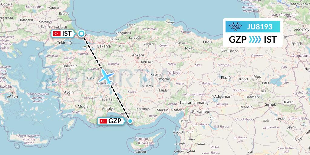 JU8193 AirSERBIA Flight Map: Gazipasa to Istanbul