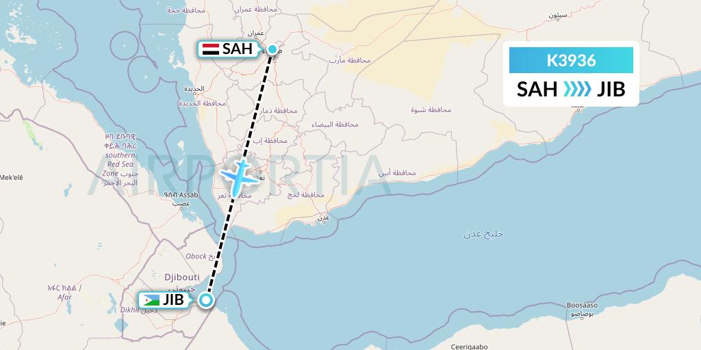 K3936 Taquan Air Flight Map: Sana'a to Djibouti