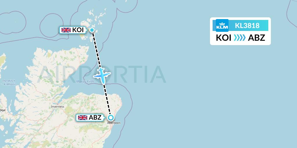 KL3818 KLM Flight Map: Kirkwall to Aberdeen