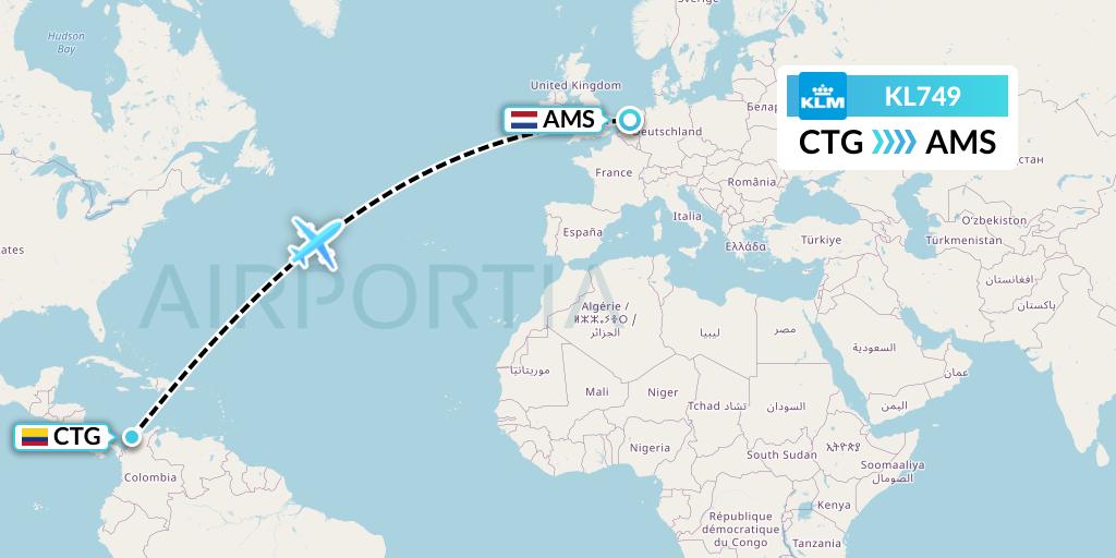 KL749 KLM Flight Map: Cartagena to Amsterdam