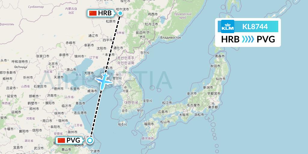 KL8744 KLM Flight Map: Harbin to Shanghai
