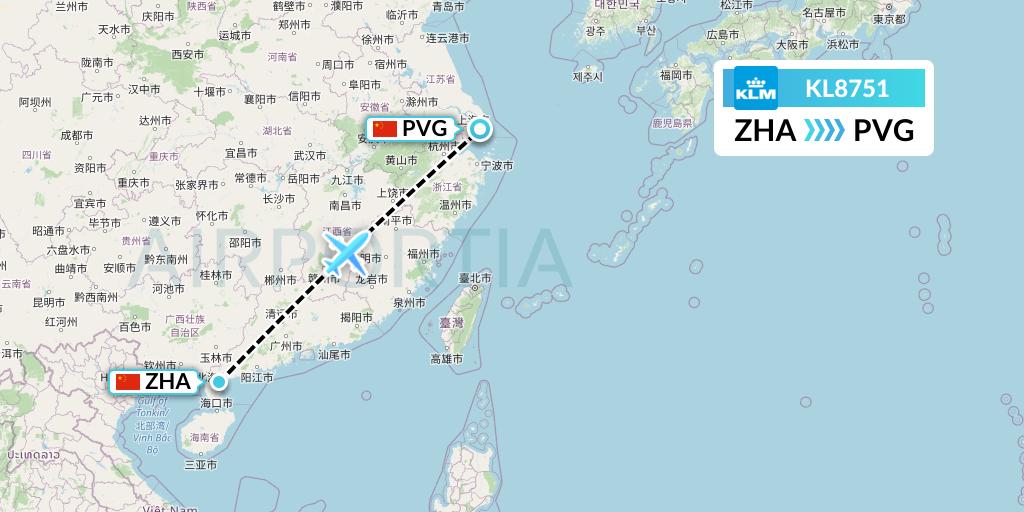 KL8751 KLM Flight Map: Zhanjiang to Shanghai