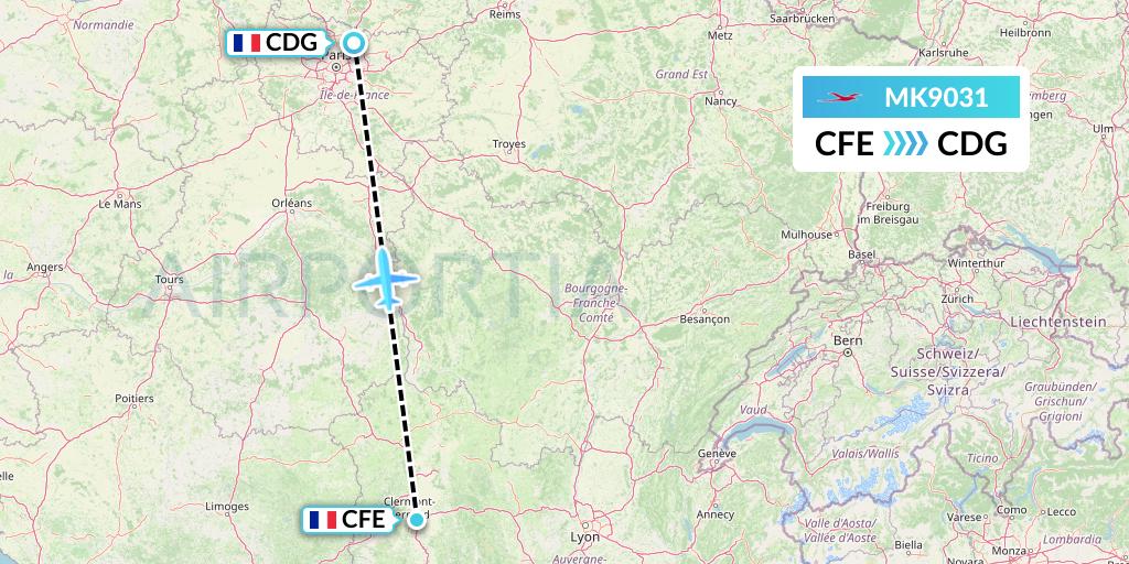 MK9031 Air Mauritius Flight Map: Clermont-Ferrand to Paris