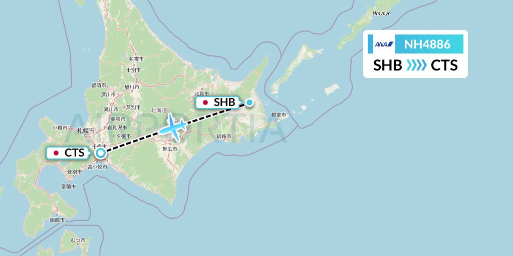 NH4886 All Nippon Airways Flight Map: Nakashibetsu to Sapporo