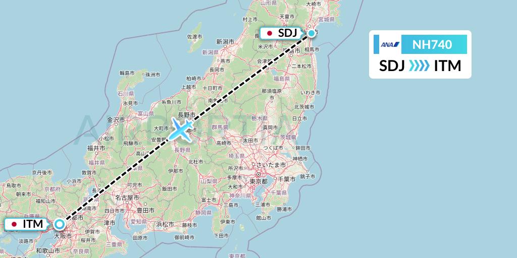 NH740 All Nippon Airways Flight Map: Sendai to Osaka
