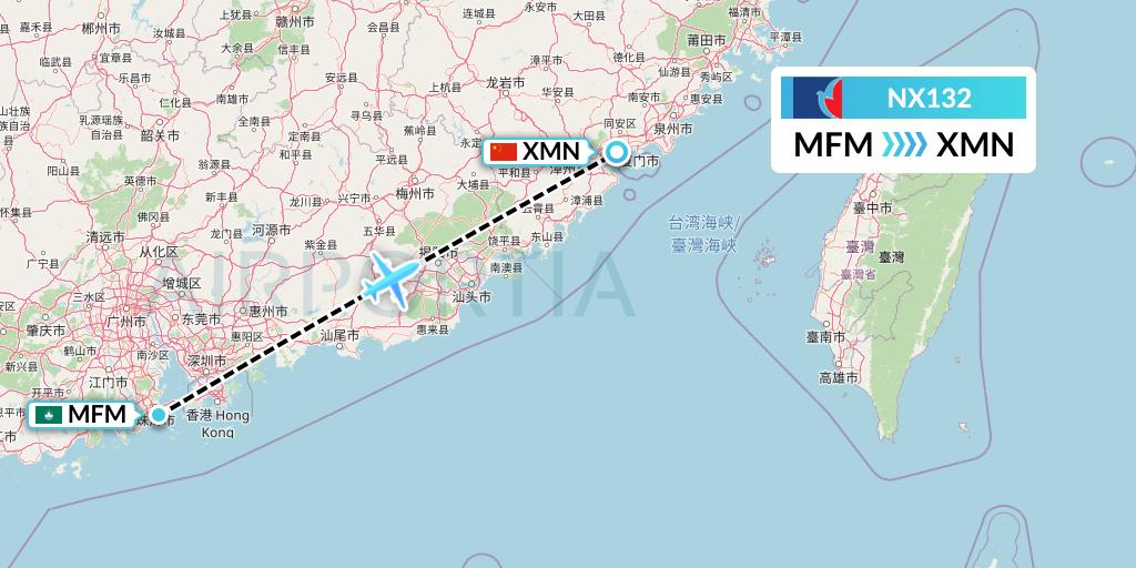 NX132 Air Macau Flight Map: Macau to Xiamen