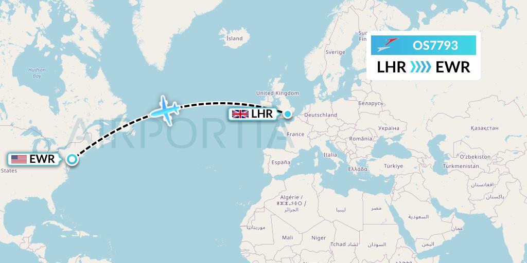 OS7793 Austrian Airlines Flight Map: London to New York