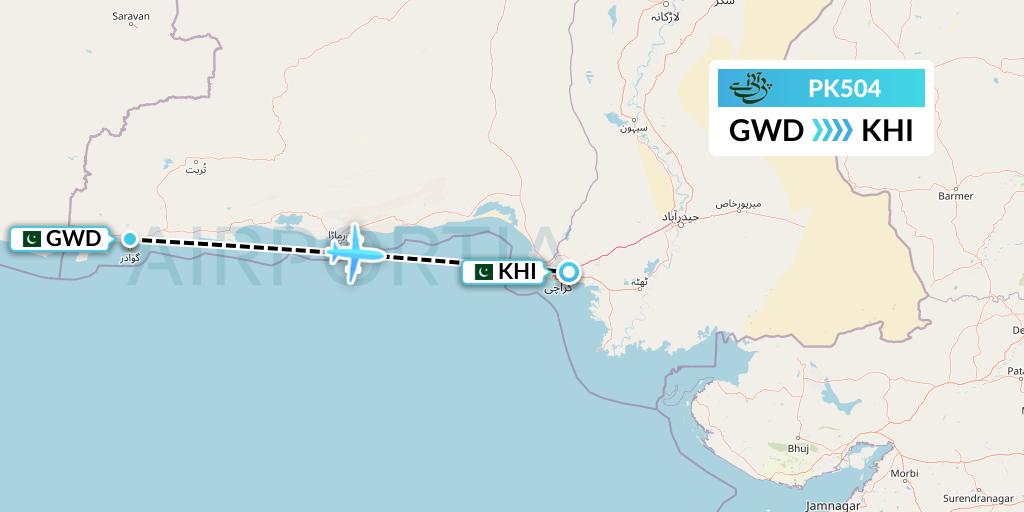 PK504 Pakistan International Airlines Flight Map: Gwadar to Karachi