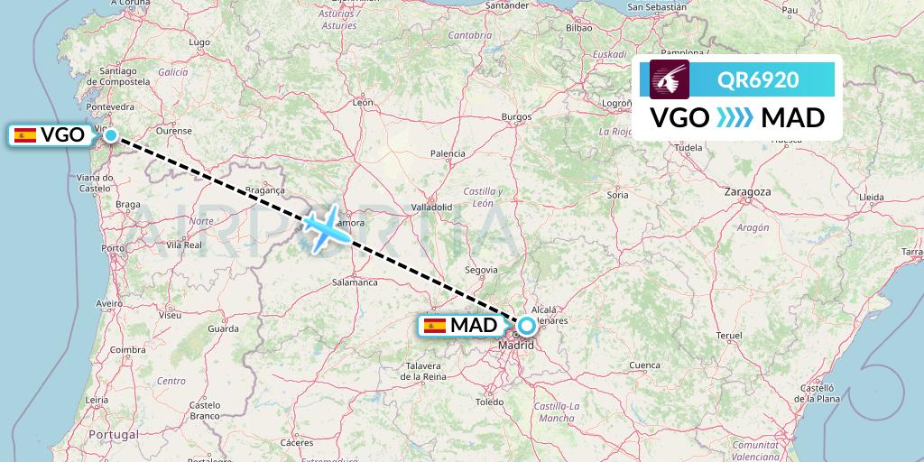 QR6920 Qatar Airways Flight Map: Vigo to Madrid
