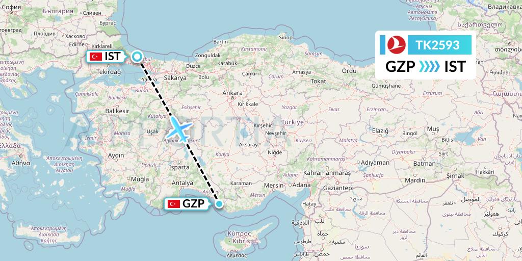 TK2593 Turkish Airlines Flight Map: Gazipasa to Istanbul