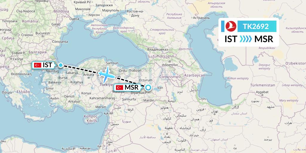 TK2692 Turkish Airlines Flight Map: Istanbul to Mus