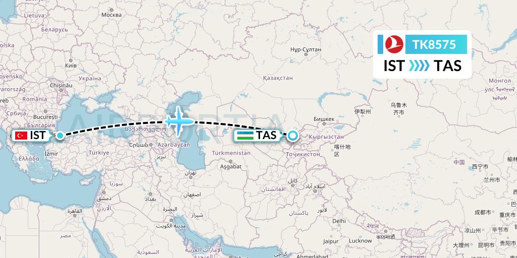 TK8575 Turkish Airlines Flight Map: Istanbul to Tashkent