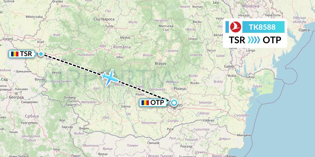 TK8588 Turkish Airlines Flight Map: Timisoara to Bucharest