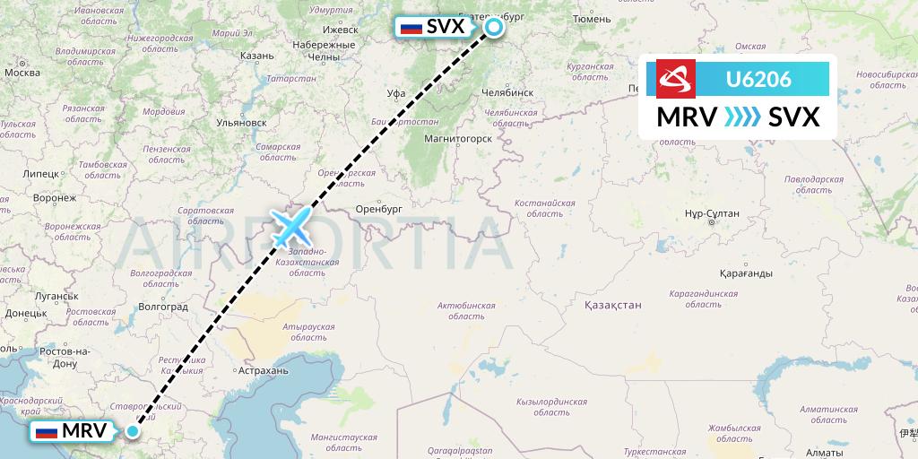 U6206 Ural Airlines Flight Map: Mineralnye Vody to Yekaterinburg
