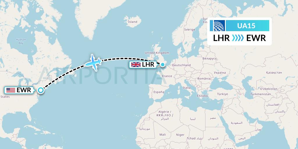 UA15 United Airlines Flight Map: London to New York
