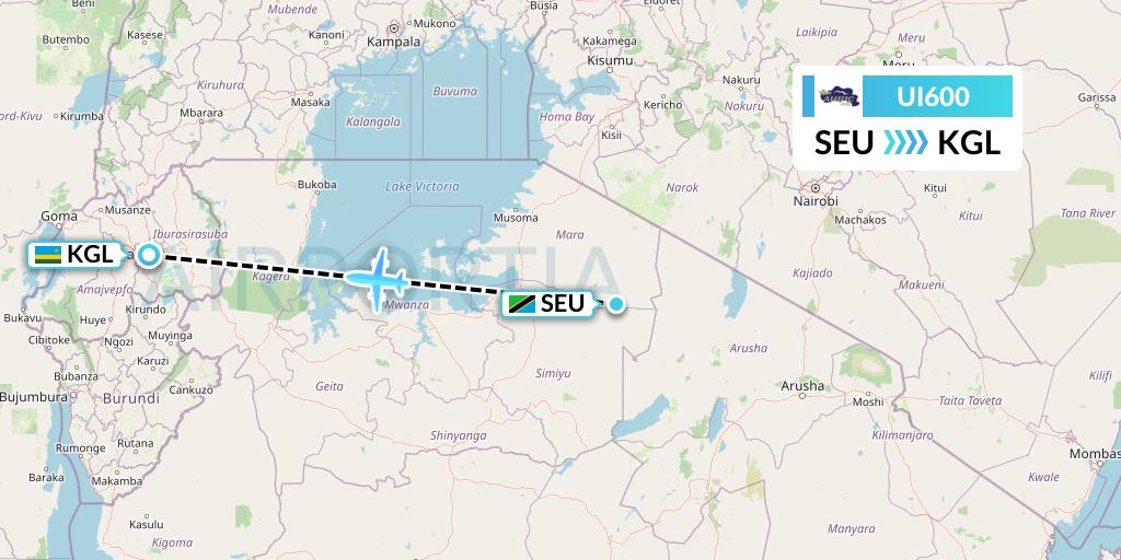 UI600 Auric Air Flight Map: Seronera to Kigali