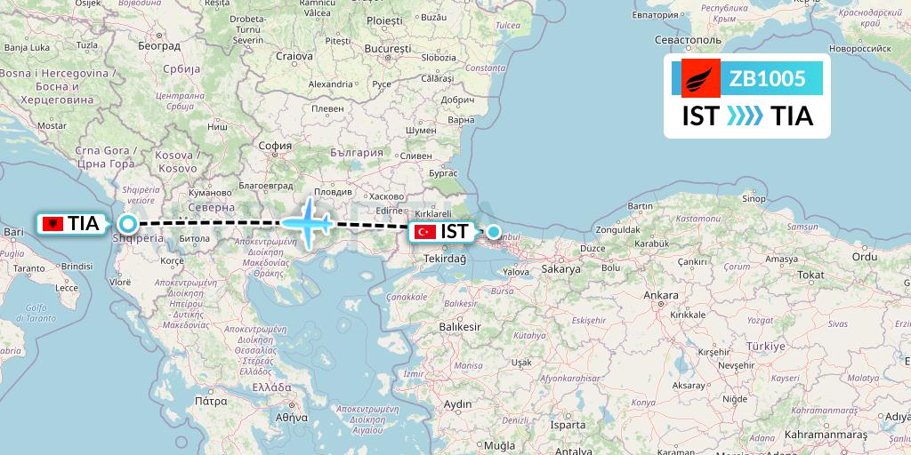 ZB1005 Air Albania Flight Map: Istanbul to Tirana