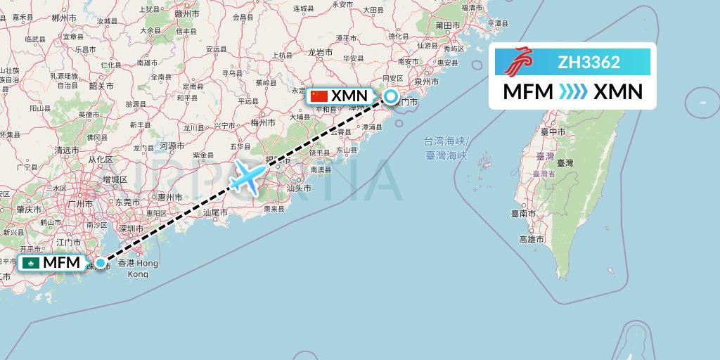 ZH3362 Shenzhen Airlines Flight Map: Macau to Xiamen