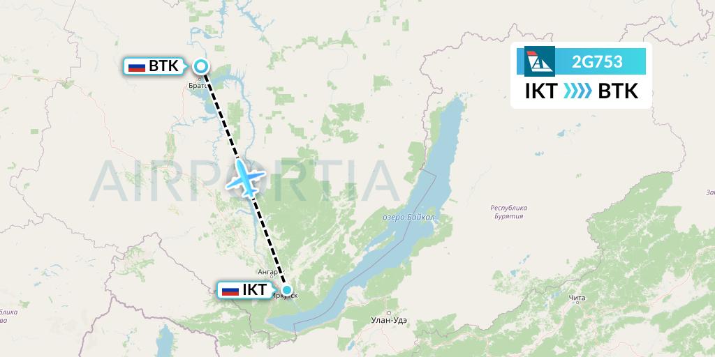 2G753 Angara Airlines Flight Map: Irkutsk to Bratsk