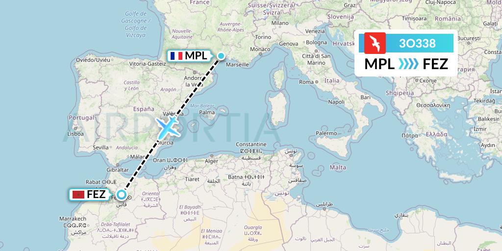 3O338 Air Arabia Maroc Flight Map: Montpellier to Fes