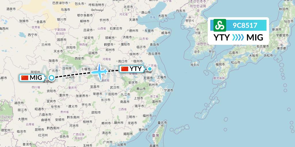 9C8517 Spring Airlines Flight Map: Yangzhou to Mianyang