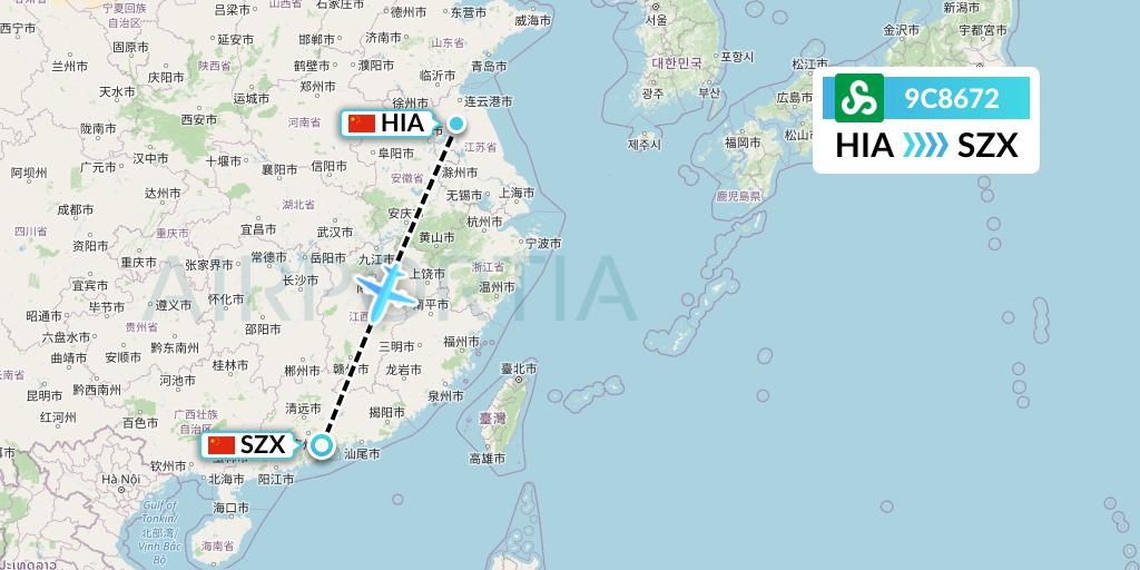 9C8672 Spring Airlines Flight Map: Huai'an to Shenzhen