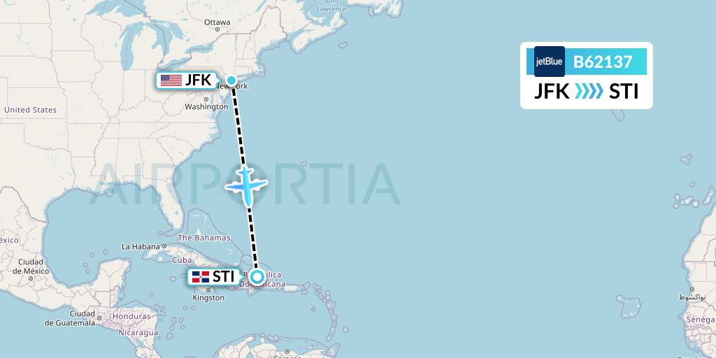 B62137 JetBlue Airways Flight Map: New York to Santiago de los Caballeros