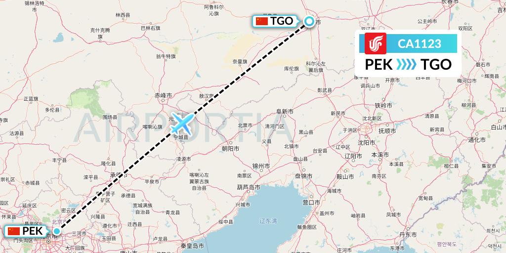 CA1123 Air China Flight Map: Beijing to Tongliao