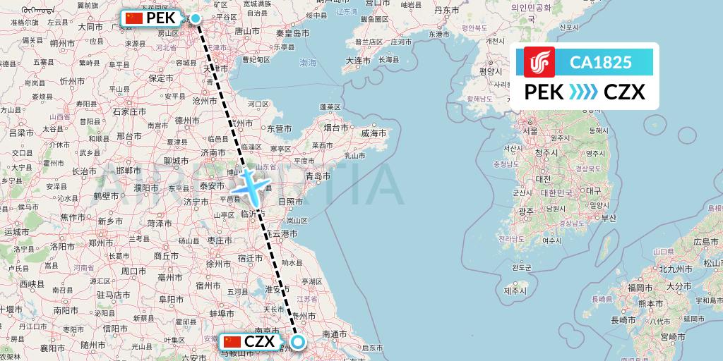 CA1825 Air China Flight Map: Beijing to Changzhou