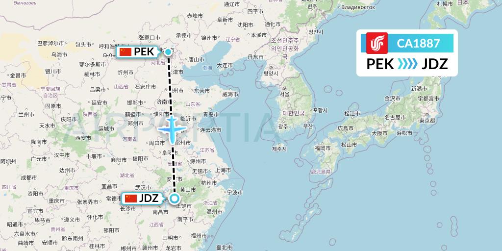 CA1887 Air China Flight Map: Beijing to Jingdezhen