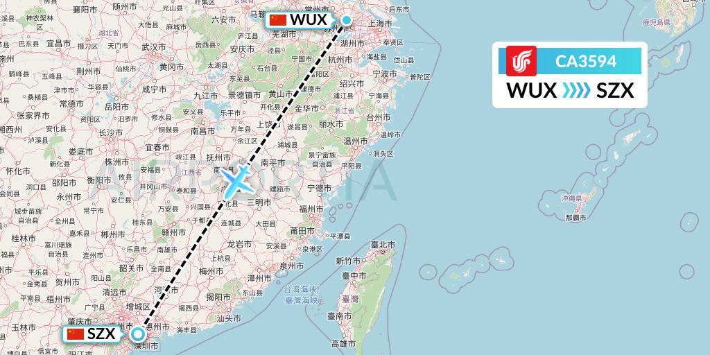 CA3594 Air China Flight Map: Wuxi to Shenzhen