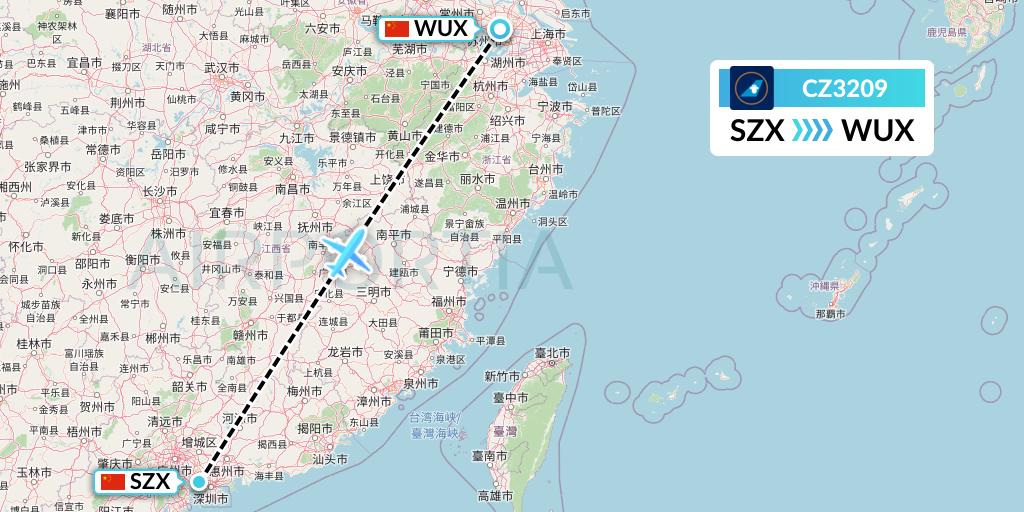 CZ3209 China Southern Airlines Flight Map: Shenzhen to Wuxi