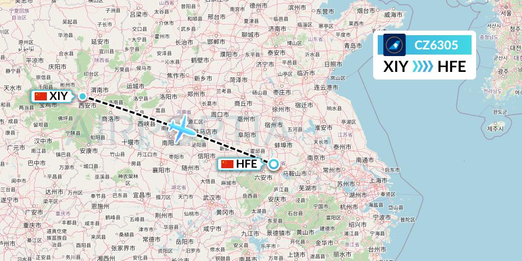 CZ6305 China Southern Airlines Flight Map: Xi'an to Hefei