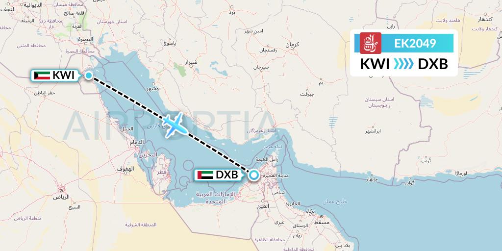 EK2049 Emirates Flight Map: Kuwait City to Dubai