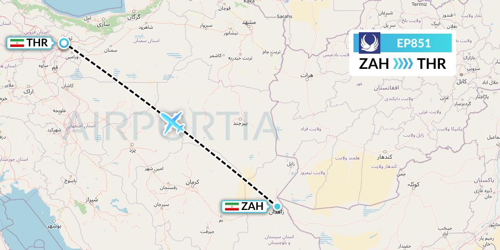 EP851 Iran Aseman Airlines Flight Map: Zahedan to Tehran
