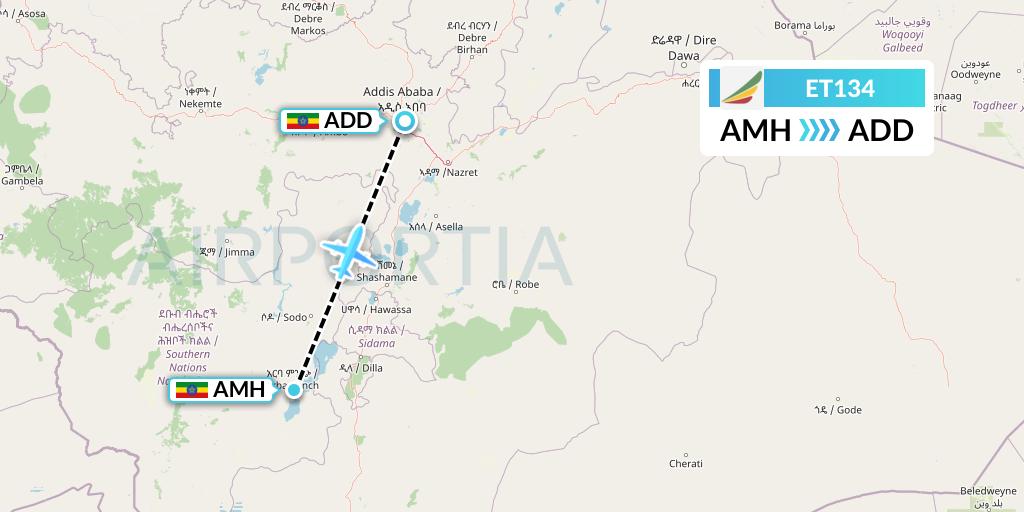 ET134 Ethiopian Airlines Flight Map: Ethiopia to Addis Ababa