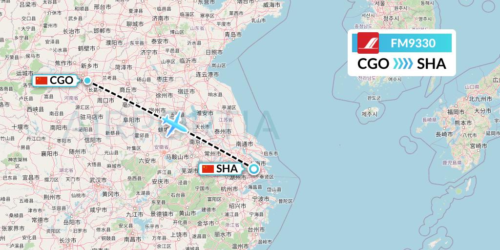 FM9330 Shanghai Airlines Flight Map: Zhengzhou to Shanghai