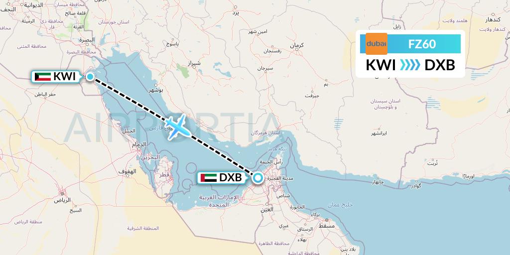 FZ60 FlyDubai Flight Map: Kuwait City to Dubai