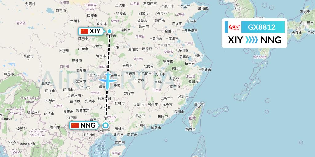 GX8812 GX Airlines Flight Map: Xi'an to Nanning
