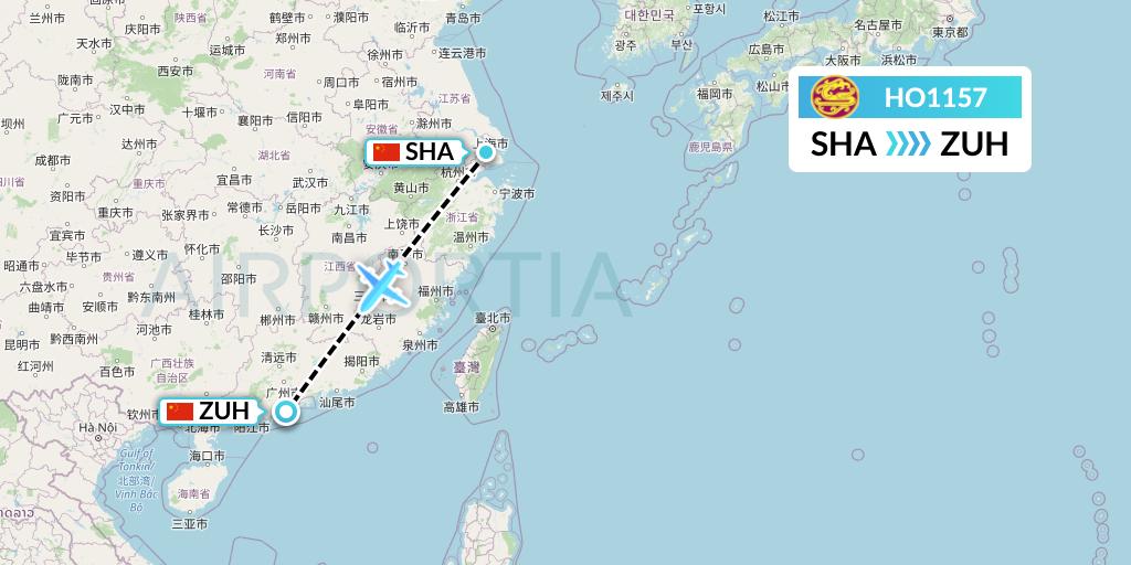 HO1157 Juneyao Airlines Flight Map: Shanghai to Zhuhai