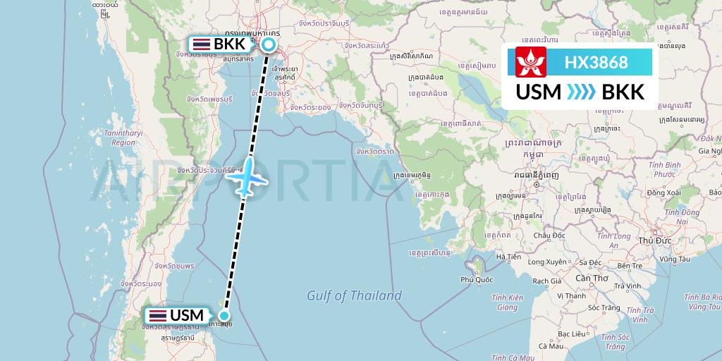 HX3868 Hong Kong Airlines Flight Map: Koh Samui to Bangkok