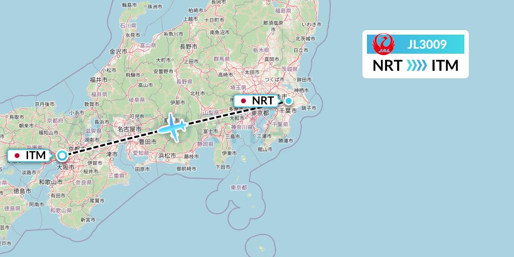 JL3009 Japan Airlines Flight Map: Tokyo to Osaka
