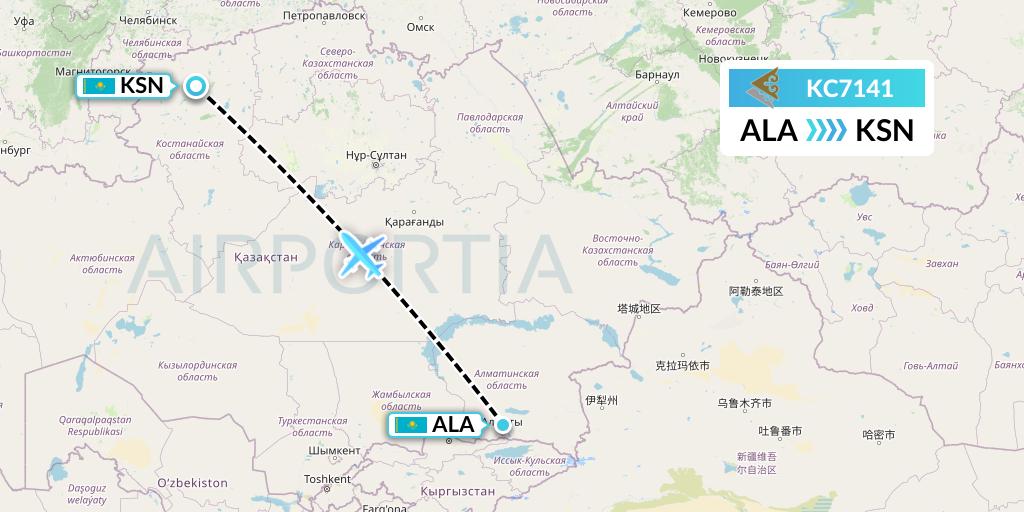 KC7141 Air Astana Flight Map: Almaty to Kostanay
