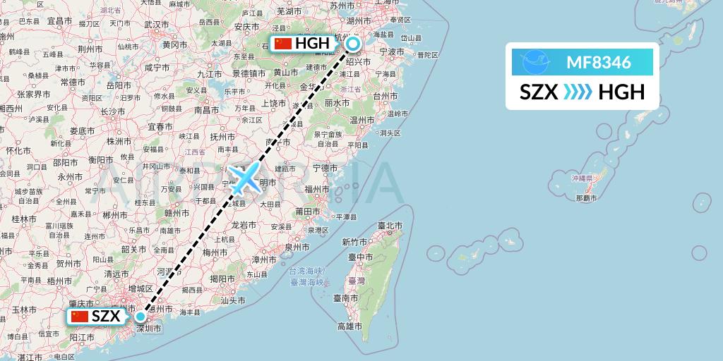 MF8346 Xiamen Airlines Flight Map: Shenzhen to Hangzhou