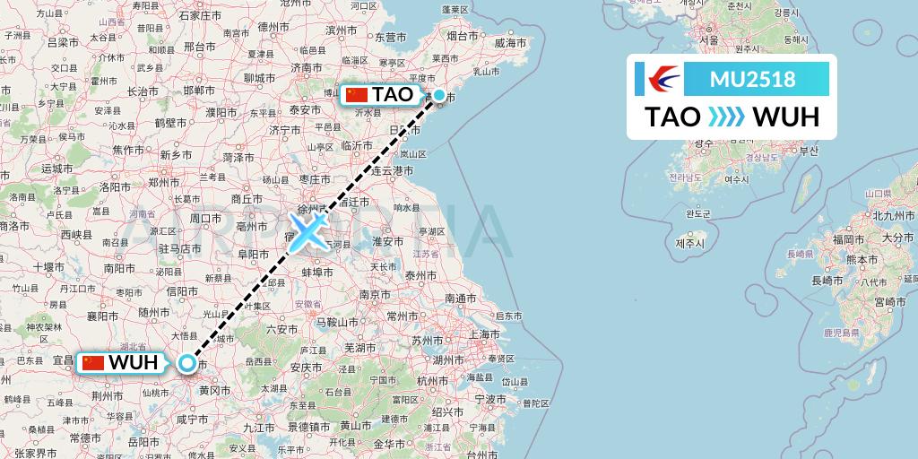 MU2518 China Eastern Airlines Flight Map: Qingdao to Wuhan