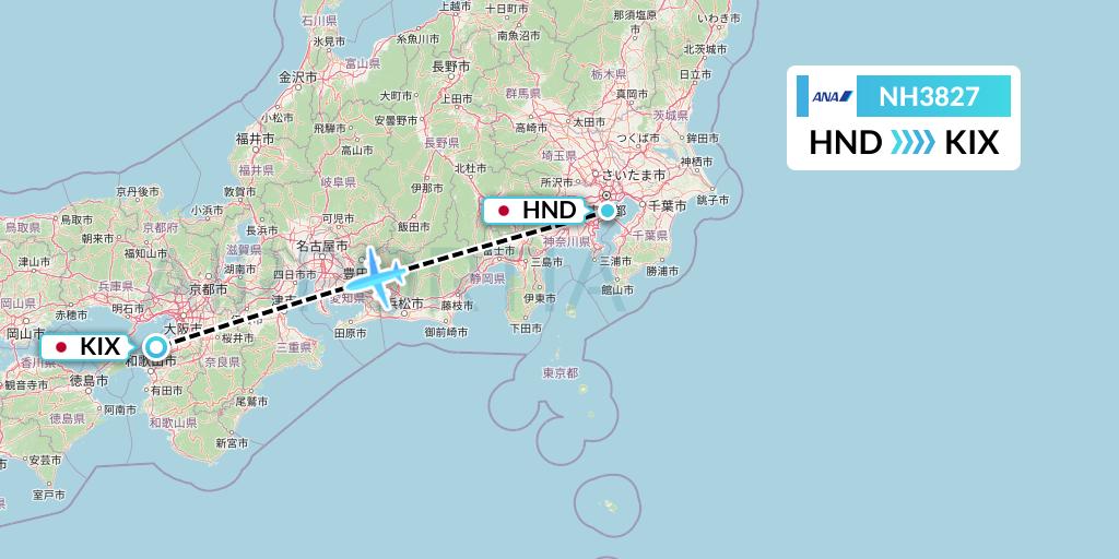 NH3827 All Nippon Airways Flight Map: Tokyo to Osaka